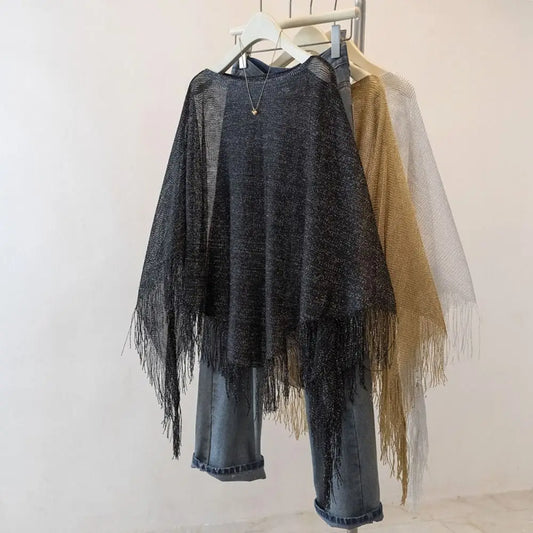 New Knit Tassel Knit Poncho Top Shimmer Asymmetrical with Tassel Beach Cover Up Casual Irregular Mesh Wrap Capelet Spring Summer