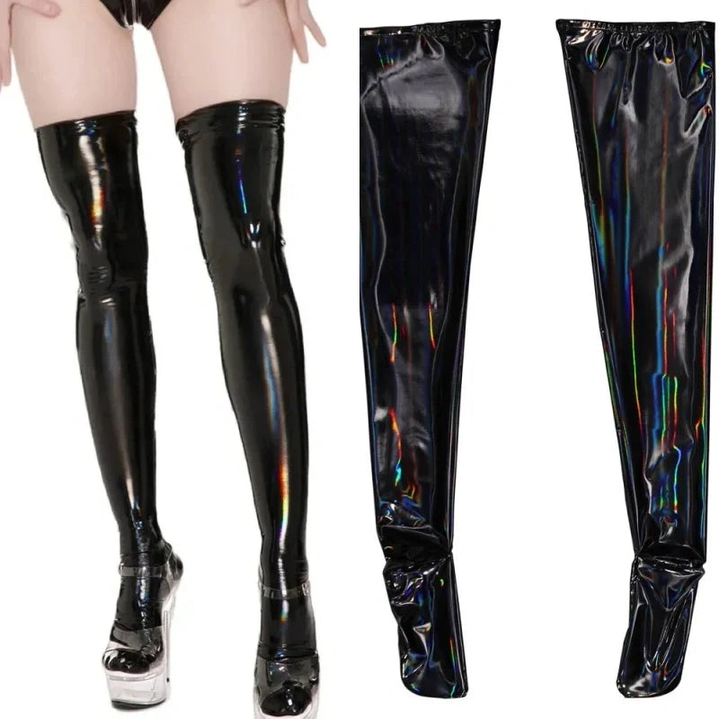 Faux Leather Thigh High Sexy Stockings Wetlook Oil Shiny PVC Leather Party Stockings For Women Cosplay Clubwear Sexy Hosiery