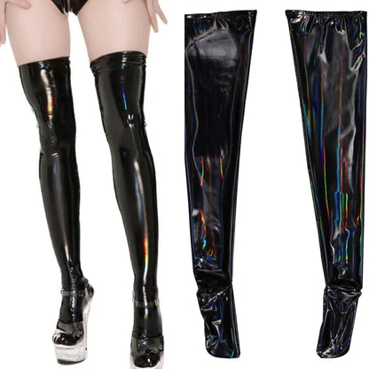 Faux Leather Thigh High Sexy Stockings Wetlook Oil Shiny PVC Leather Party Stockings For Women Cosplay Clubwear Sexy Hosiery