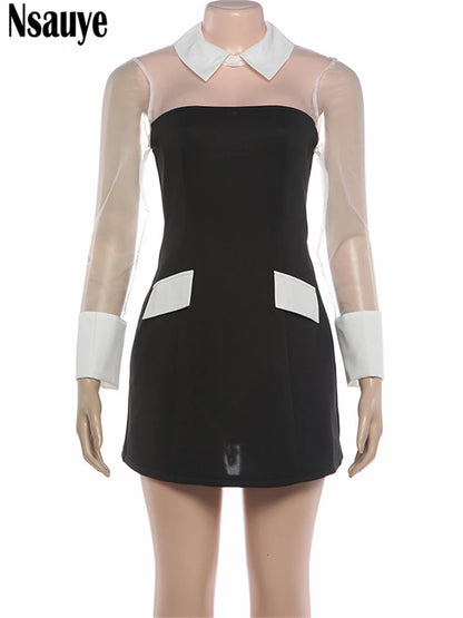 Nsauye New Fashion Women Elegant Sexy Mesh See Through Long Sleeve Party Evening Dress Night Club Mini Bodycon Autumn Dress 22