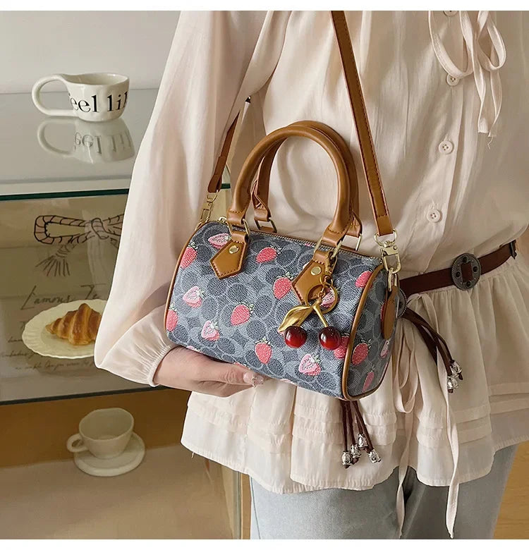 2026 Luxury Designers Crossbody Bags Cherry Pattern PU Leather Boston Handbag Shoulder Bags Bolsos Mujer Bags Woman Tote Bag