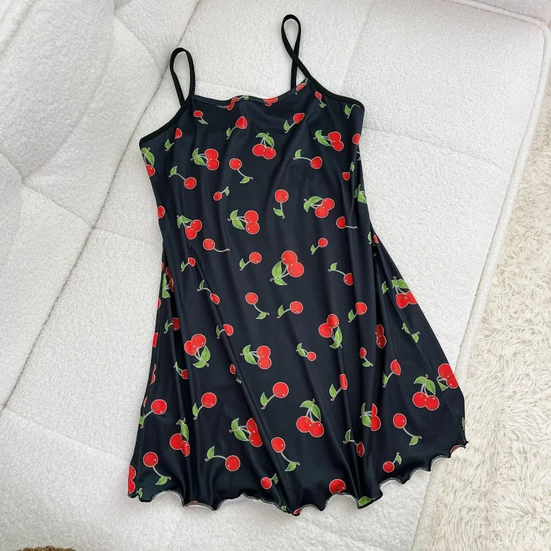 FINETOO Summer Teddy Bear Sleepwear Women Seamless Hearts Butterfly Floral Printed Sleeveless Ruffled Loungewear Cute Nightdress