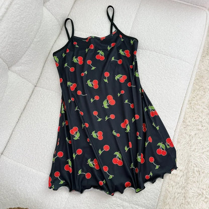 FINETOO Summer Teddy Bear Sleepwear Women Seamless Hearts Butterfly Floral Printed Sleeveless Ruffled Loungewear Cute Nightdress