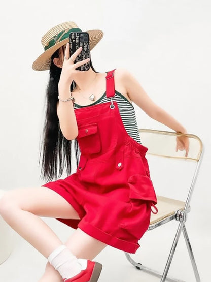 Red Denim Overalls for Women Summer Adjustable Straps Loose Wide Leg Shorts Solid Color Casual Streetwear Short Rompers