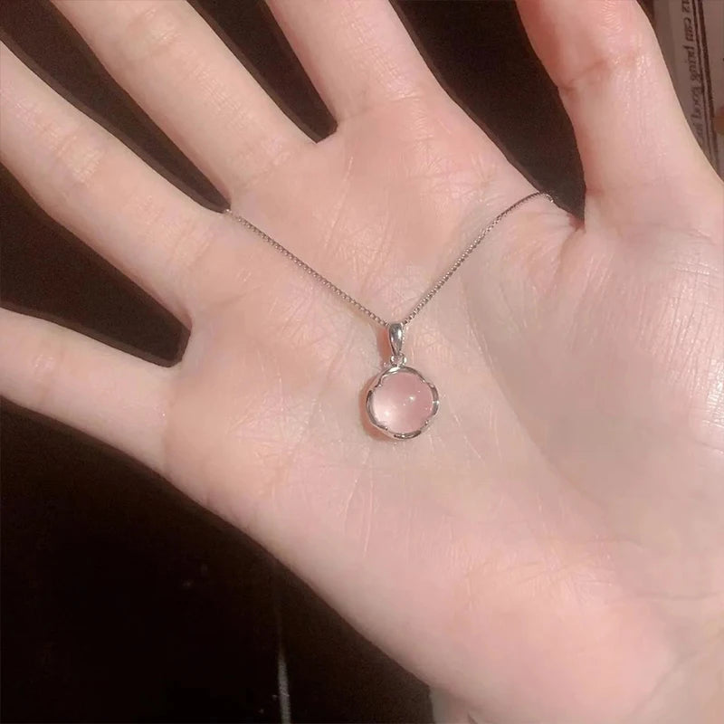 925 Sterling Silver Round Pendant Necklace with Pink Crystal Elegant Choker Wedding Jewelry Luxury Gift for Women Birthday