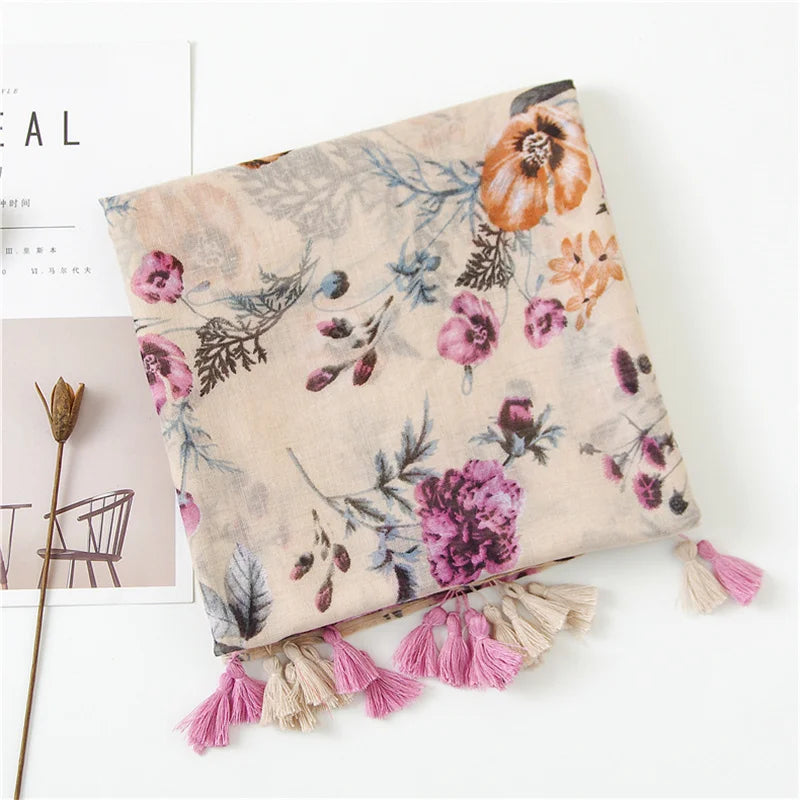 Fashion Printing Flower Tassel Shawl Cotton Viscose Scarf Women Beach Sunscreen Shawl Muslim Hijab Wrap Headscarf 180*90cm