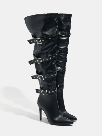 Fashion Belt Buckle Sexy Pointy Toe Over-the-knee Boots Women 10.5CM Stiletto Heels Black Thigh-high Nightclub Club knight Shoes