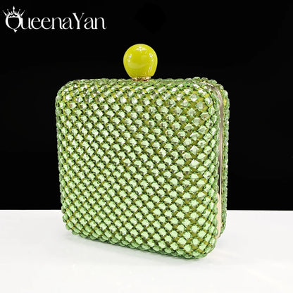 Queena Yan Italian Design Rhinestone Luxury Green Colour Pointed Toe Shoe & Bag Set Women's High Heels for Parties High Quality