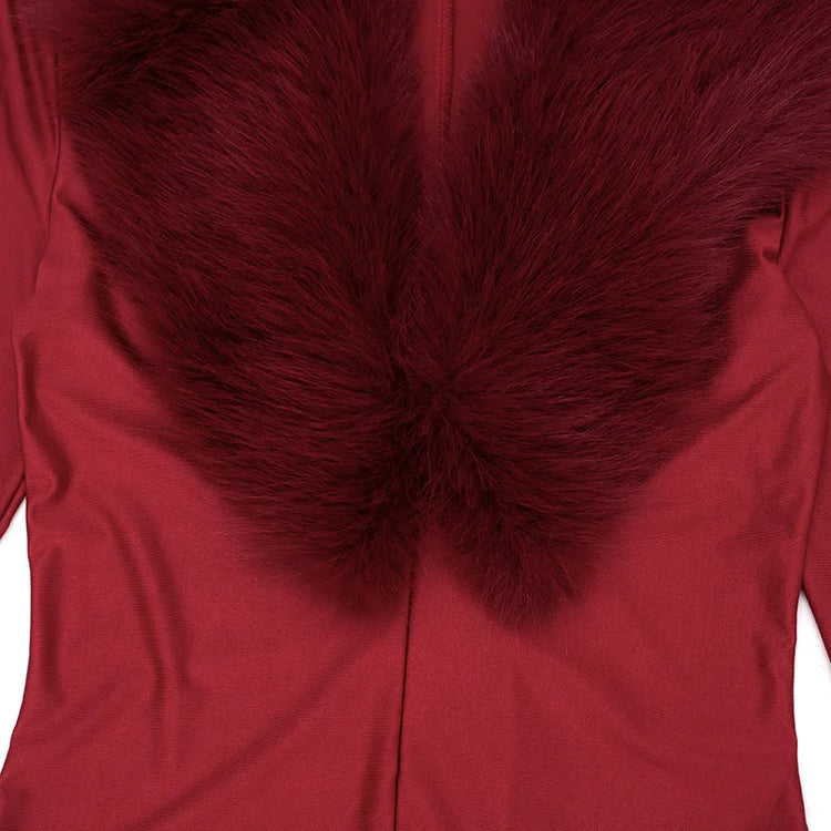 FAGADOER Women Fall Winter Bodycon Jumpsuit Faux Fur Collar Long Sleeve Deep V Neck Slim Fit Sexy Club Party One Piece Outfit