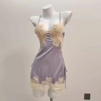 Sexy Pajamas for Women Nightwear Ice Silk Lace Beautiful Back Suspender Pajama Night Dress Elegant Strap Sweet Nightgown 2025