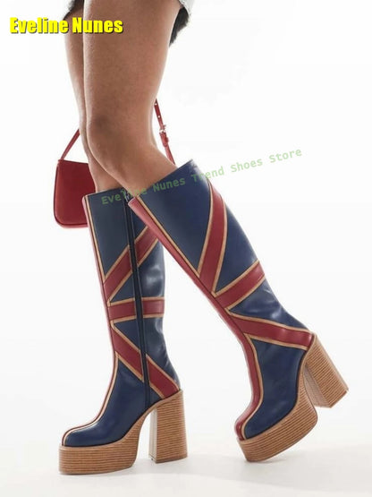 Blue Buffalo Platform Fashion Boots Round Toe Chunky Heels Zipper Closure National Flag Pattern Street Style Lady Knee High Boot