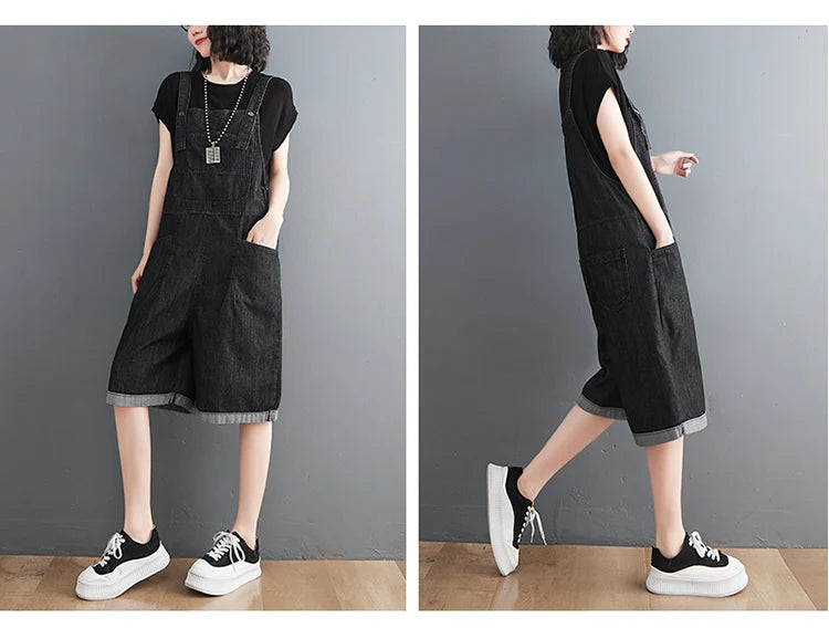Spring Summer Jean Short Jumpsuits Women Casual Streetwear Loose Wide Leg Shorts Denim Overalls Straps Rompers Cargo Baggy Pants