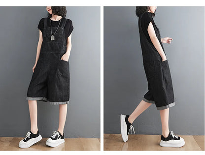 Spring Summer Jean Short Jumpsuits Women Casual Streetwear Loose Wide Leg Shorts Denim Overalls Straps Rompers Cargo Baggy Pants