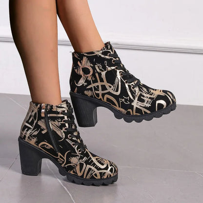 Women's Fashion Round Toe Boots High Heeled Women Boots Cross Straps Short Boots Zipper Printed Comfortable High Heeled Shoes