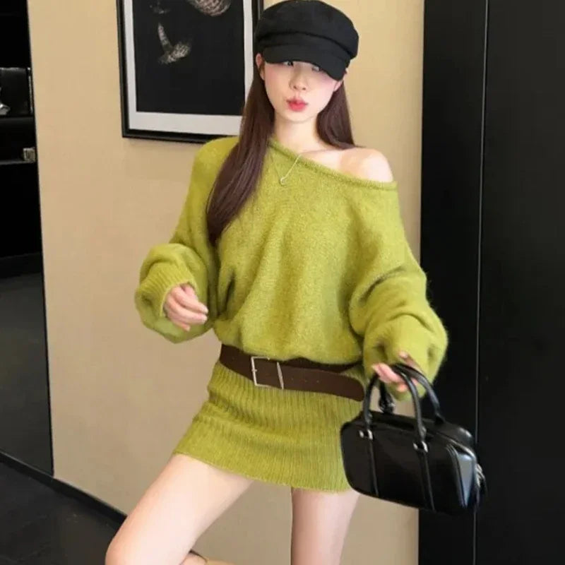 Off Shoulder Knit Mini Dress Women Slant Collar Long Sleeve Belt Autumn Dresses French Elegant Solid Sweet Aesthetic Retro Dress