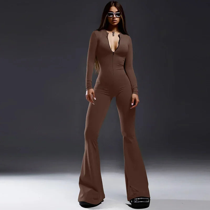 Zip Up Long Sleeve Jumpsuit Women Slim Fit Flare Long Jumpsuits Autumn Winter Full Body Jumpsuit Sports