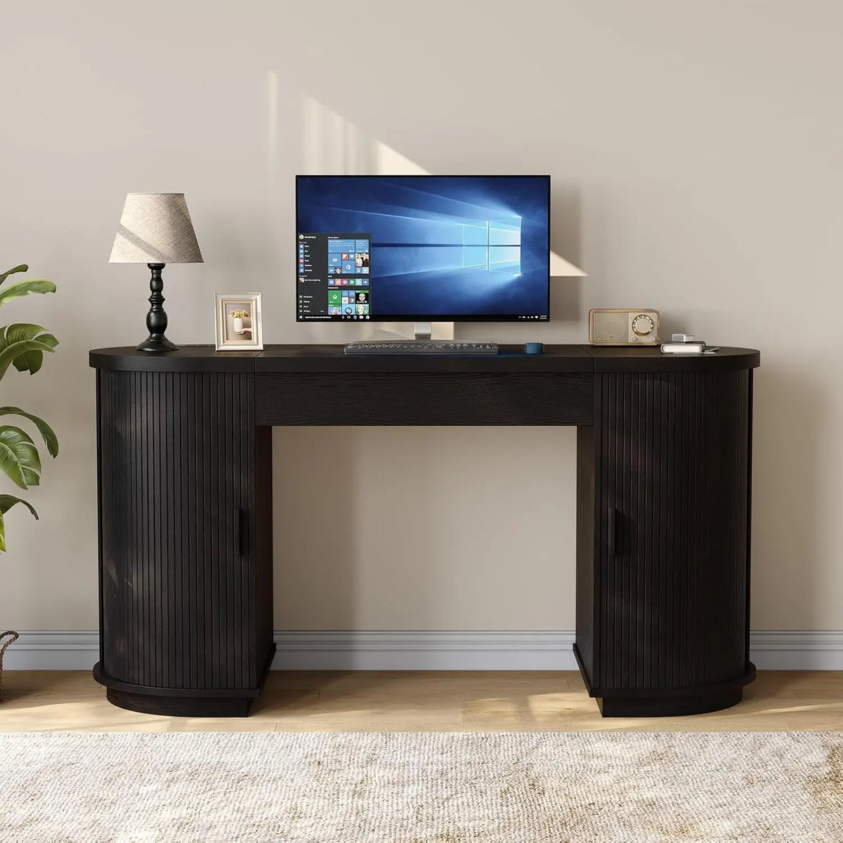 59 Inch Lift Top Office Desk with USB Charging Ports & Storage, Mid-Century Modern Fluted Curved Computer Study Desk with Adjustable Height for Home Office