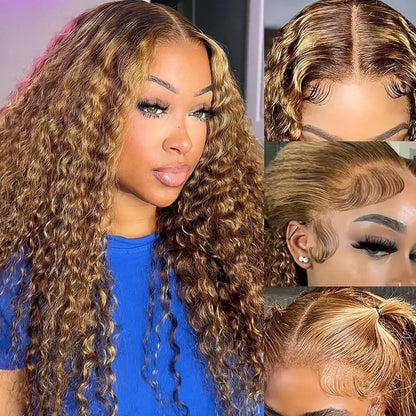 30 Inch 250 Density Highlight Honey Brown Curly Lace Front Human Hair Wigs 13x6 13x4 Ombre Colored Deep Wave Lace Frontal Wig