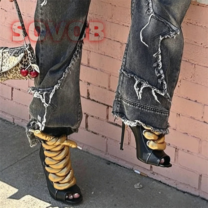 Luxury Puffy Lace Up Ankle Booties for Women,Stiletto Heels Open Toe Short Boot, Trendy Punk Style Party Shoes,Designer Booties