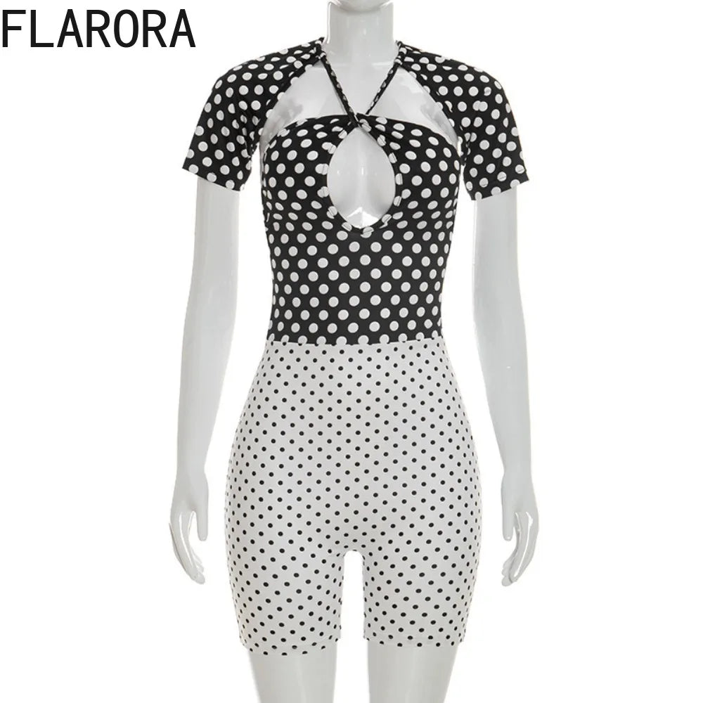 FLARORA Trend Color Blocking Rompers Woman Polka Dot Print Halter Bandage Backless Peach Hip Playsuits Sexy Midnight Streetwear