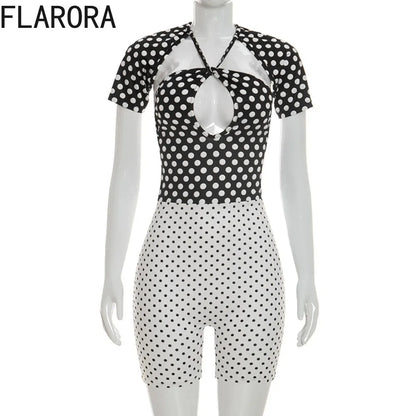 FLARORA Trend Color Blocking Rompers Woman Polka Dot Print Halter Bandage Backless Peach Hip Playsuits Sexy Midnight Streetwear