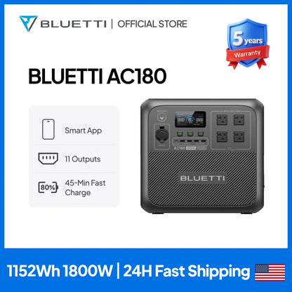 【Brand New】BLUETTI AC180 1152Wh 1800W Portable Power Station 2700W Surge LiFePO4 Pure Sine Wave 45 Mins Fast Charging Four Ways Recharge APP Control Energy Storage for Camping RV Van Life Home Emergency Blackout Off Grid
