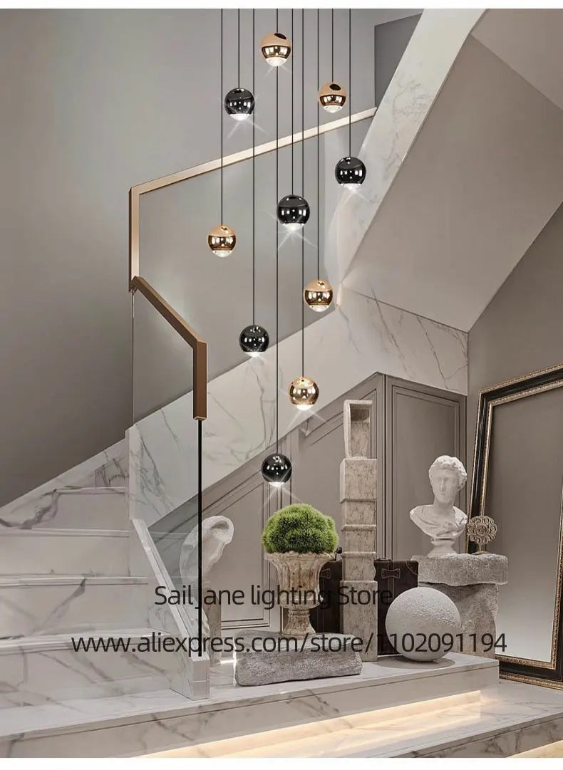 Nordic Circular Chandelier Indoor Lighting Modern Chandelier Gold And Black Mixed High Loft Chandelier LED Staircase Chandelier