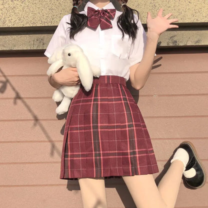 New Japanese School Uniform Korean Student Jk Seifuku Blouse Pleated Skirt Tie Full Set Girl Plaid Skirt Pink Uniforms For Woman