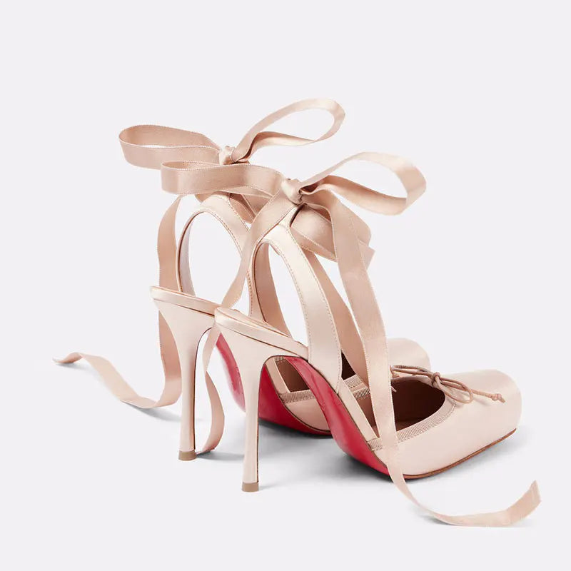 New 2026 Summer Women's Nude Satin Lace-Up Bow Heel Closed Square Toe Sandals Ballet Shoes Luxury Dress Slingback Ladies Pumps