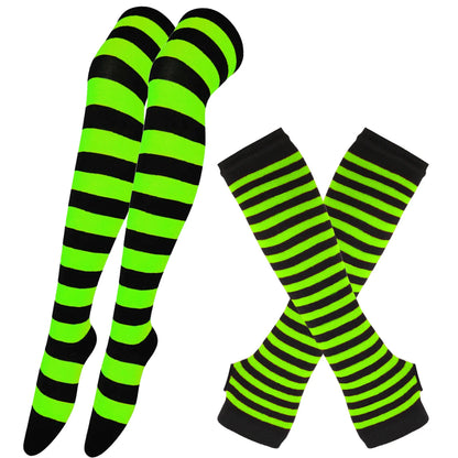Long Over Above Knee Socks Womens mittens Arm Sleeve Gloves Set Striped Thigh High Stockings Ladies Girl Pink Black White Lolita