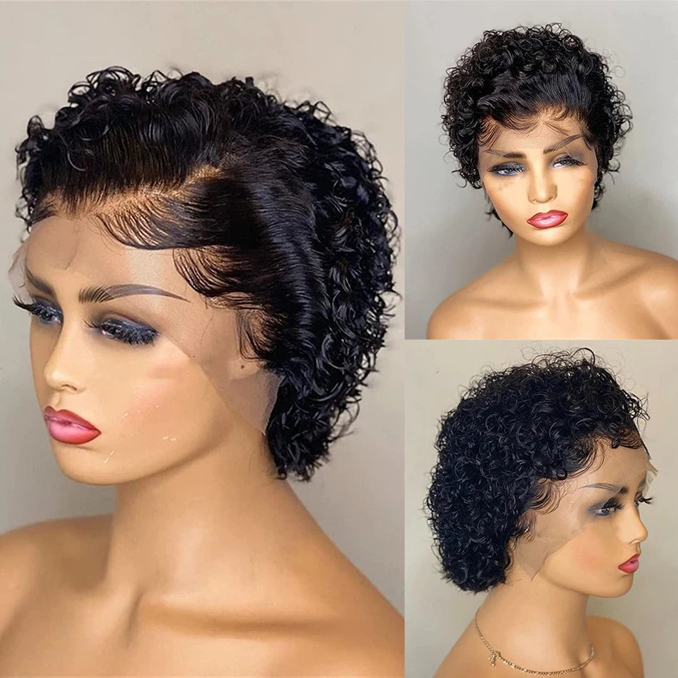 13x4 Lace Frontal Wigs Human Hair Pixie Cut 180% Density Black Color Water Wave Short Pixie Cut Wigs for Women Preplucked