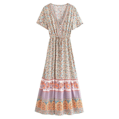 Boho Queens  Vintage Floral Print Sashes Beach Robe Bohemian Maxi Sundress Robe Ladies Cross V Neck Happie Dress Vestidos