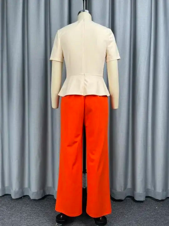 Women Colorblock Jumpsuit O Neck Short Sleeve 3D Flower Peplum Wide Leg Long Pants Elegant African Causal Office Church Outfit