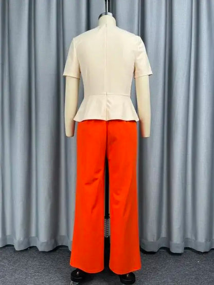 Women Colorblock Jumpsuit O Neck Short Sleeve 3D Flower Peplum Wide Leg Long Pants Elegant African Causal Office Church Outfit