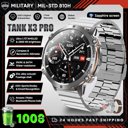 2026 New Military TANK X3 1000mAh Battery Smart Watch Men 10ATM Waterproof Swim GPS Path 1.75" AMOLED HD Call Sports Smartwatch