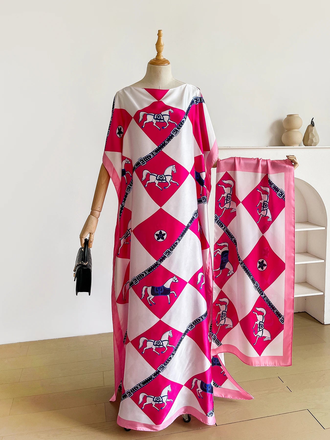 Luxury Horse Print Silk Satin Abaya Set With Matching Hijab Scarf, Loose Batwing Maxi Kaftan Dress For Muslim African Women
