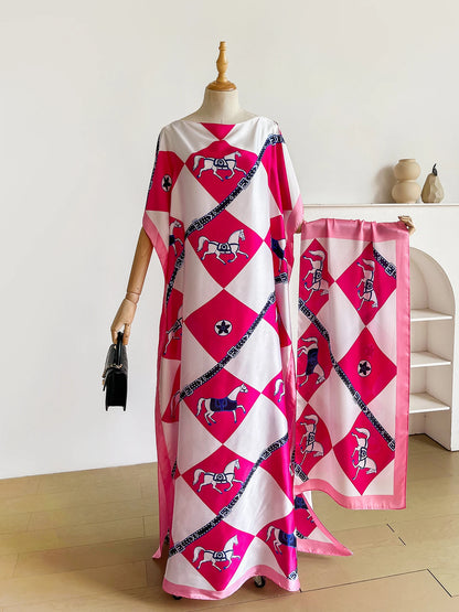 Luxury Horse Print Silk Satin Abaya Set With Matching Hijab Scarf, Loose Batwing Maxi Kaftan Dress For Muslim African Women