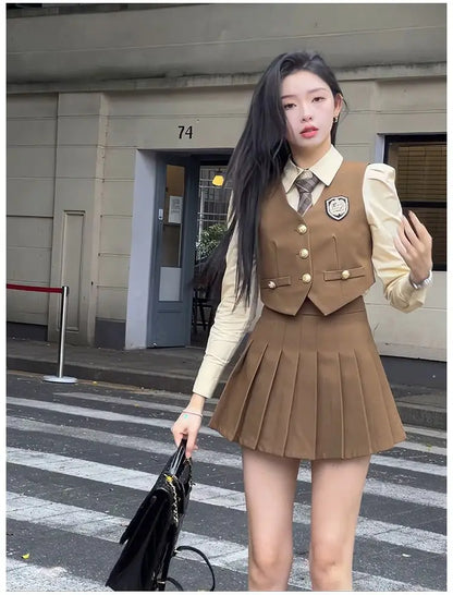 2024 england style uniform jk set suit autumn new suit waistcoat long sleeve shirt pleated skirt fashion three-piece women w753