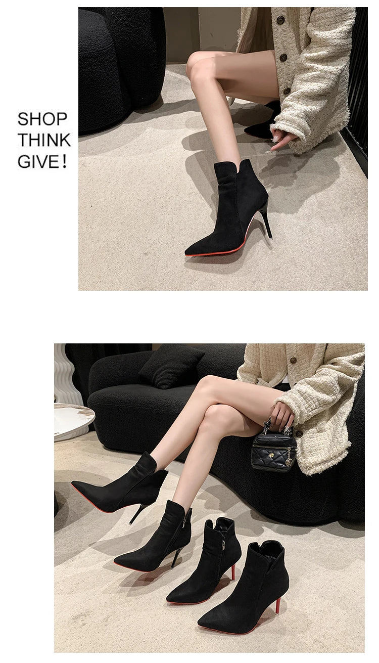 Aphixta 10cm Stilettos Winter Red Heels Zip Warm Black Ankle Boots Women Flock Footwear Shoes Women Super Big Size 47 48 49 50