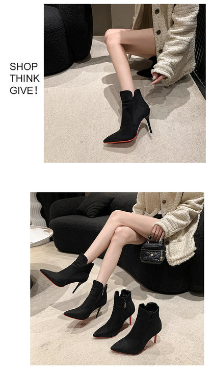 Aphixta 10cm Stilettos Winter Red Heels Zip Warm Black Ankle Boots Women Flock Footwear Shoes Women Super Big Size 47 48 49 50