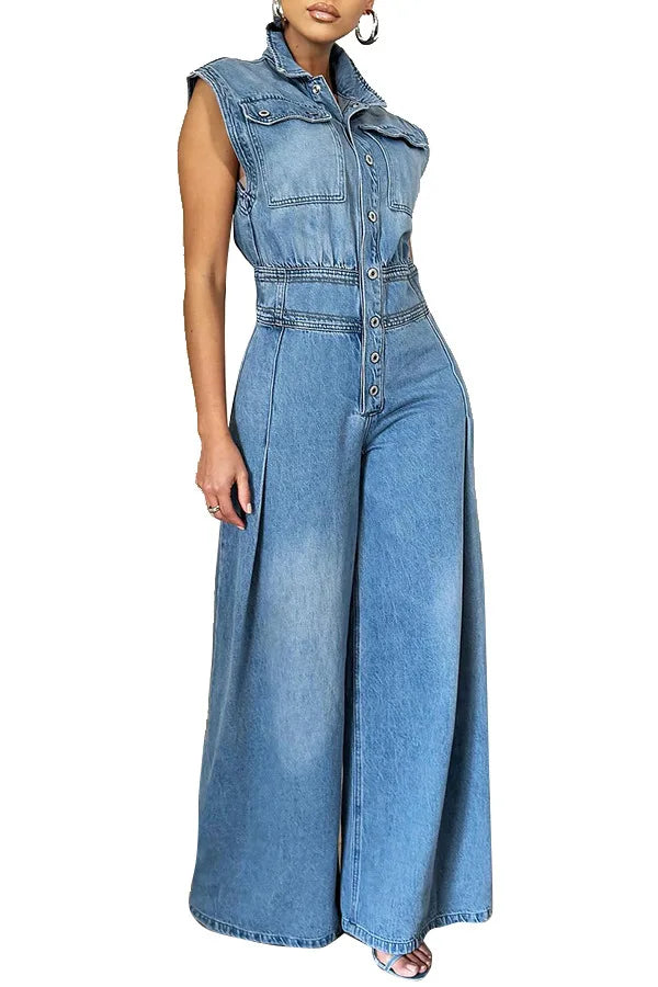 Washed Denim Jumpsuits Women Fashion Lapel Button High Waist Sleeveless Jumpsuit Streetwear Spring Summer New Female Clothing