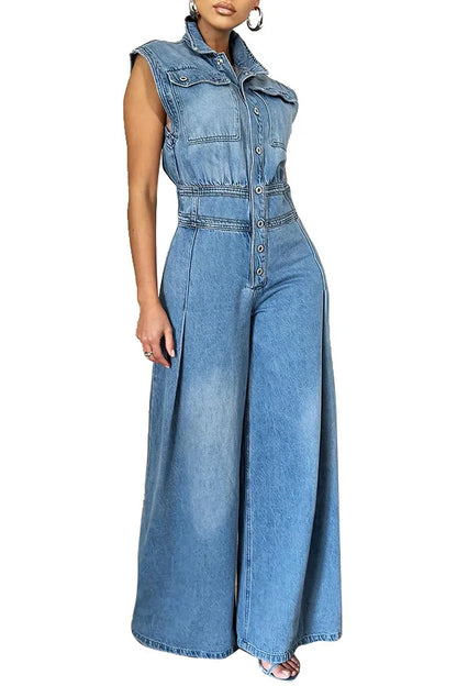 Washed Denim Jumpsuits Women Fashion Lapel Button High Waist Sleeveless Jumpsuit Streetwear Spring Summer New Female Clothing