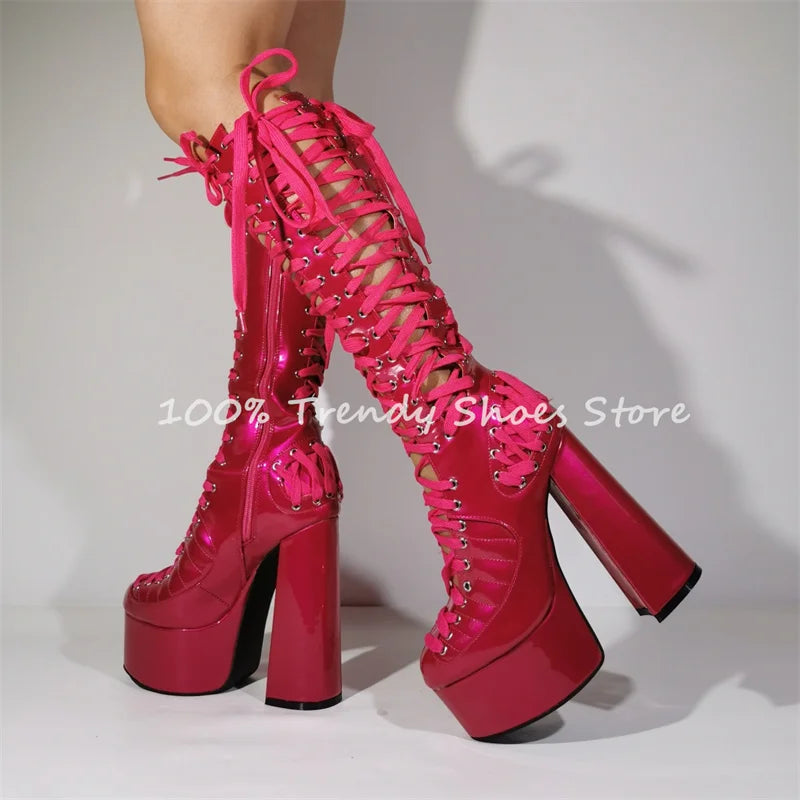 Rainbow Lace-Up Chunky Platform Hollow Out Women Long Boots Summer Cool Knee High Boots Ladies High Heel Gladiator Sandals