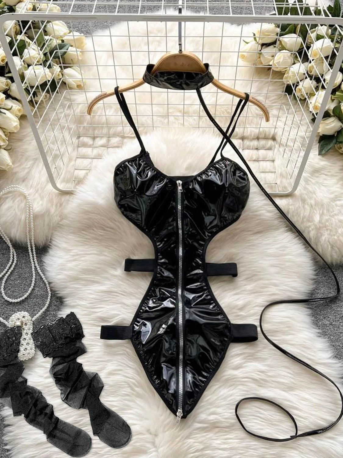 Coquette Lace Lingerie Set Sexy Mesh Bodysuit Valentines Day Sleepwear Gothic Strappy Catsuit Intimate Nightwear Romper