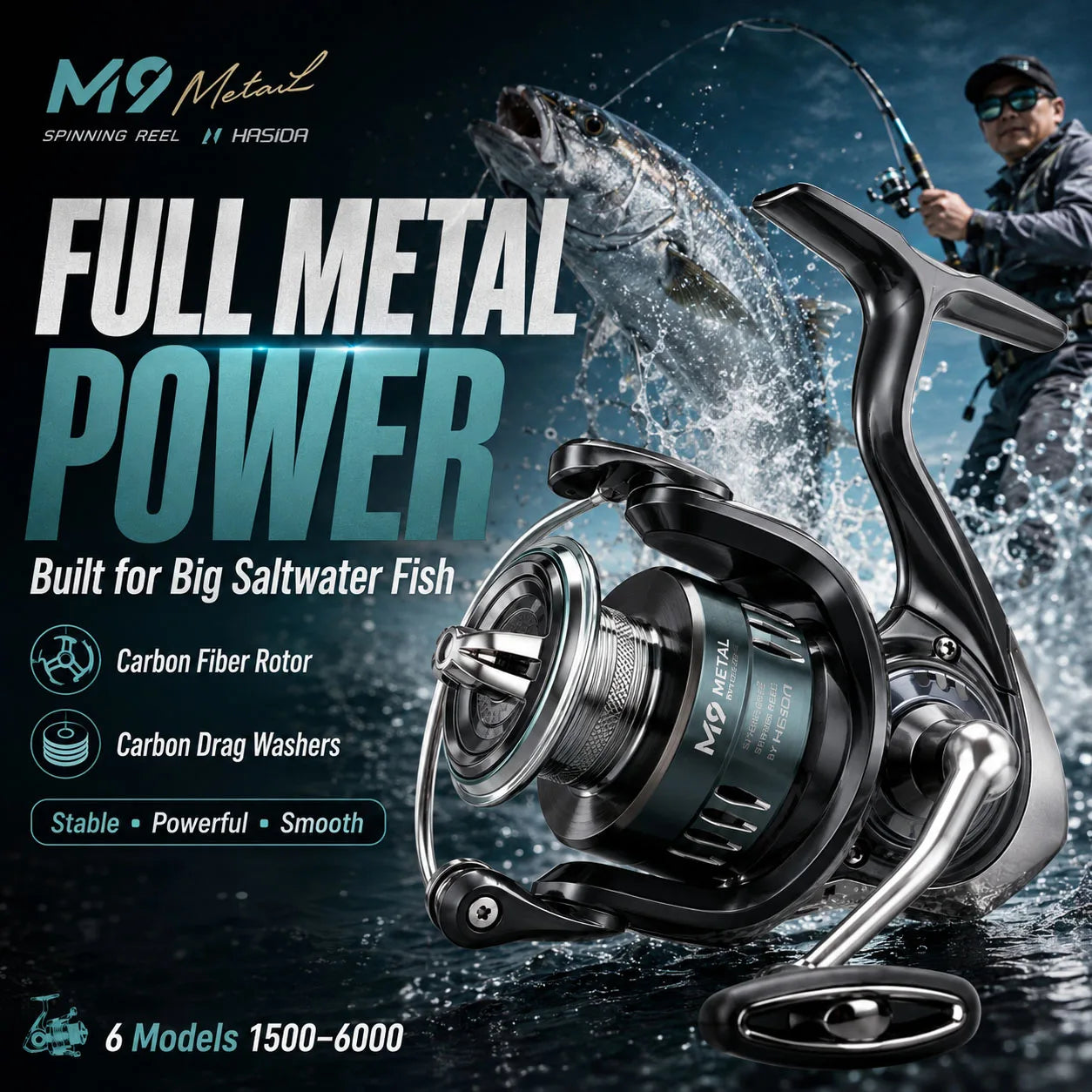 HASIDA M9 Full Metal Sea Spinning Reel 12kg Max Drag Slow Descent Dense 6 Sets Waterproof System Professional for Saltwater