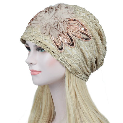 Elegant Women Sequins Lace Turban Cap Flowers Muslim Headwear Hat Female Head Wraps Ladies Headscarf Bonnet Turbante Mejur