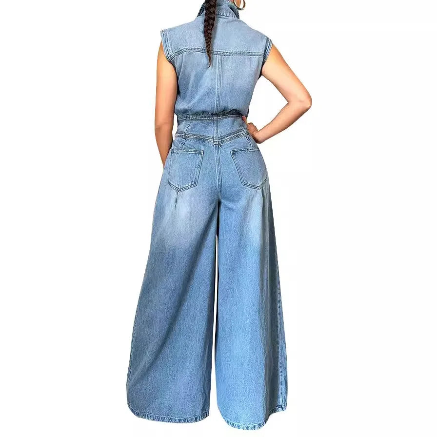 Washed Denim Jumpsuits Women Fashion Lapel Button High Waist Sleeveless Jumpsuit Streetwear Spring Summer New Female Clothing