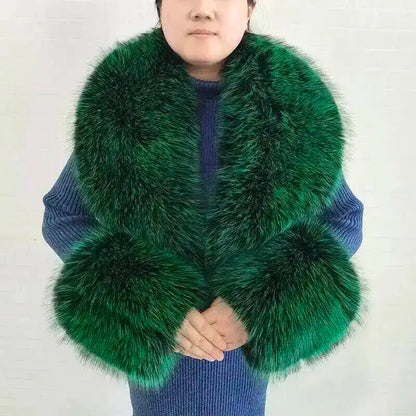 Large Women Faux Fox Fur Scarf Winter Jackets Warm Fluffy Shawl Fashion Artificial Fur Collar And Cuff Set Fluffy Scarves Female