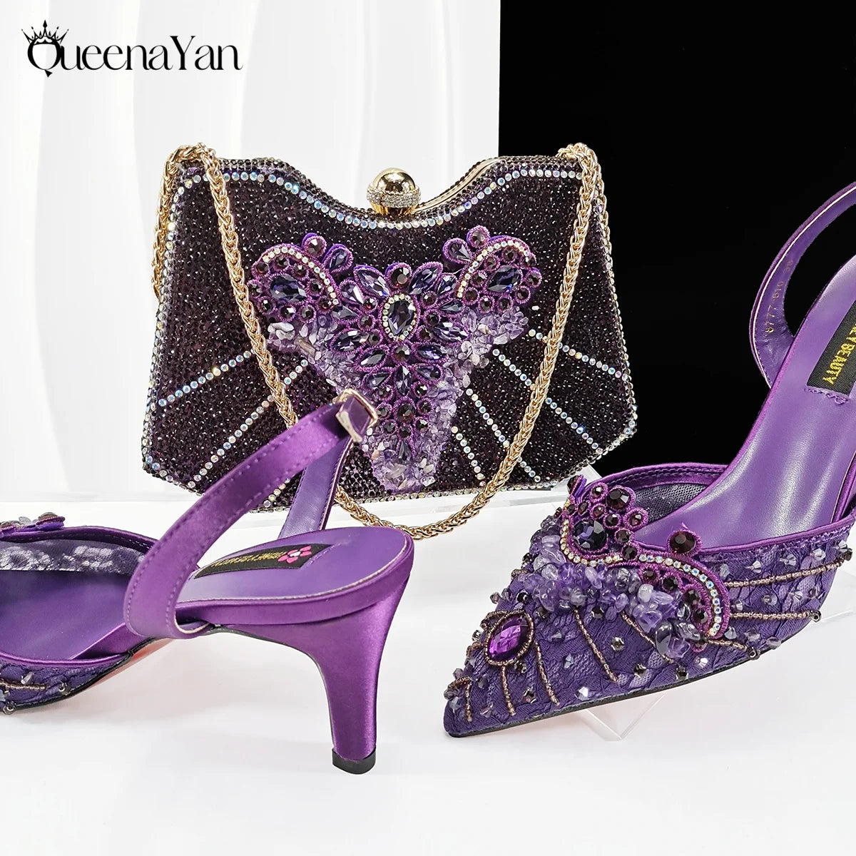 Queena Yan Elegant Mature Style Colorful Rhinestone Decoration Design Gold Party Wedding Pointed Toe Lady High Heels and Bag Set