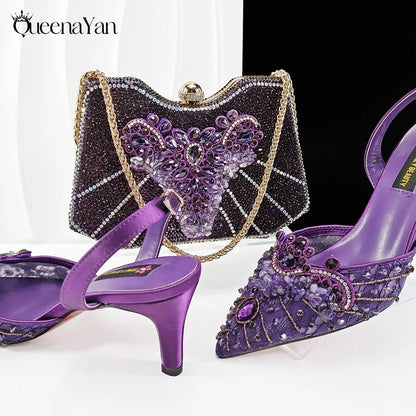 Queena Yan Elegant Mature Style Colorful Rhinestone Decoration Design Gold Party Wedding Pointed Toe Lady High Heels and Bag Set